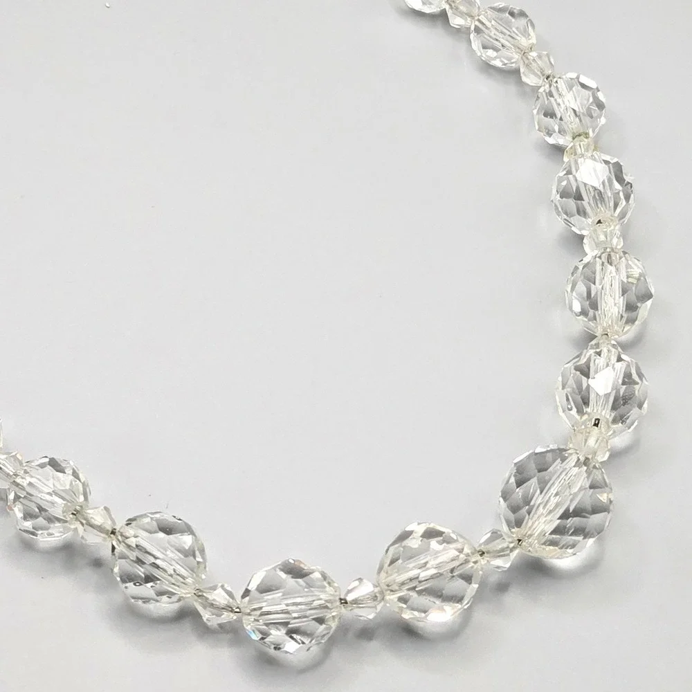 Vintage Clear Faceted Crystal Glass Bead Graduated Necklace 30 In Filigree Clasp